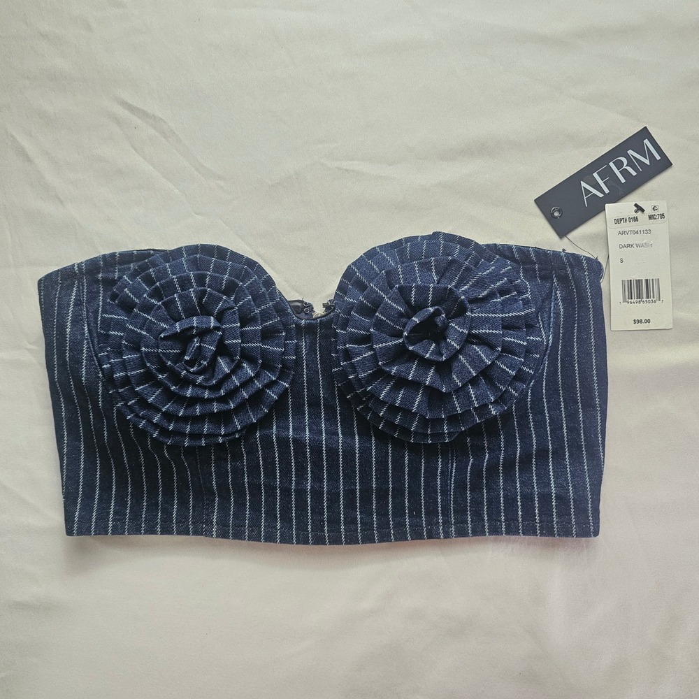 AFRM Size S Small Kiko Denim Stripe Crop Corset Strapless Top Mid Wash NWT 1239